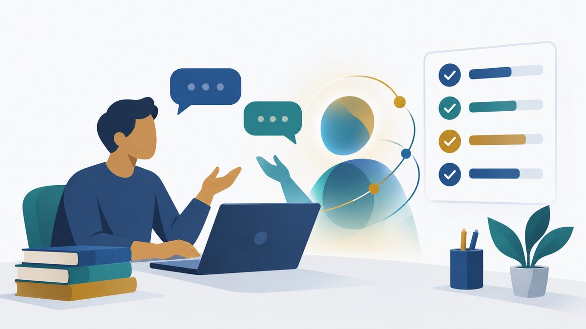 Illustration of a student in conversation with an AI assistant beside a progress panel