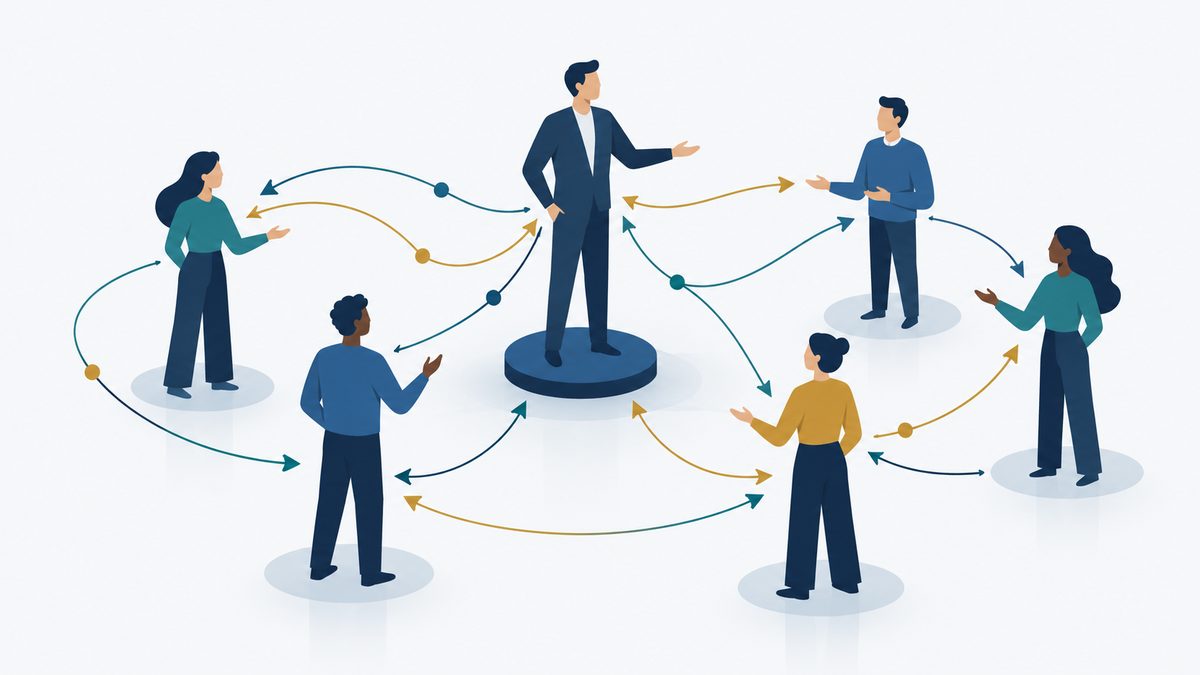 Illustration of a leader and team members with influence flowing in both directions