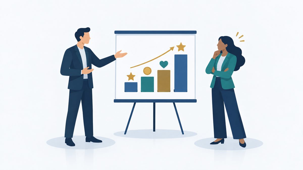 Illustration of a presenter walking a skeptical manager through a rewards plan